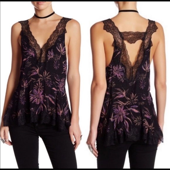 Free People Tops - Free People Intimately black and purple Lace Trimmed Bell Flower double V Tunic